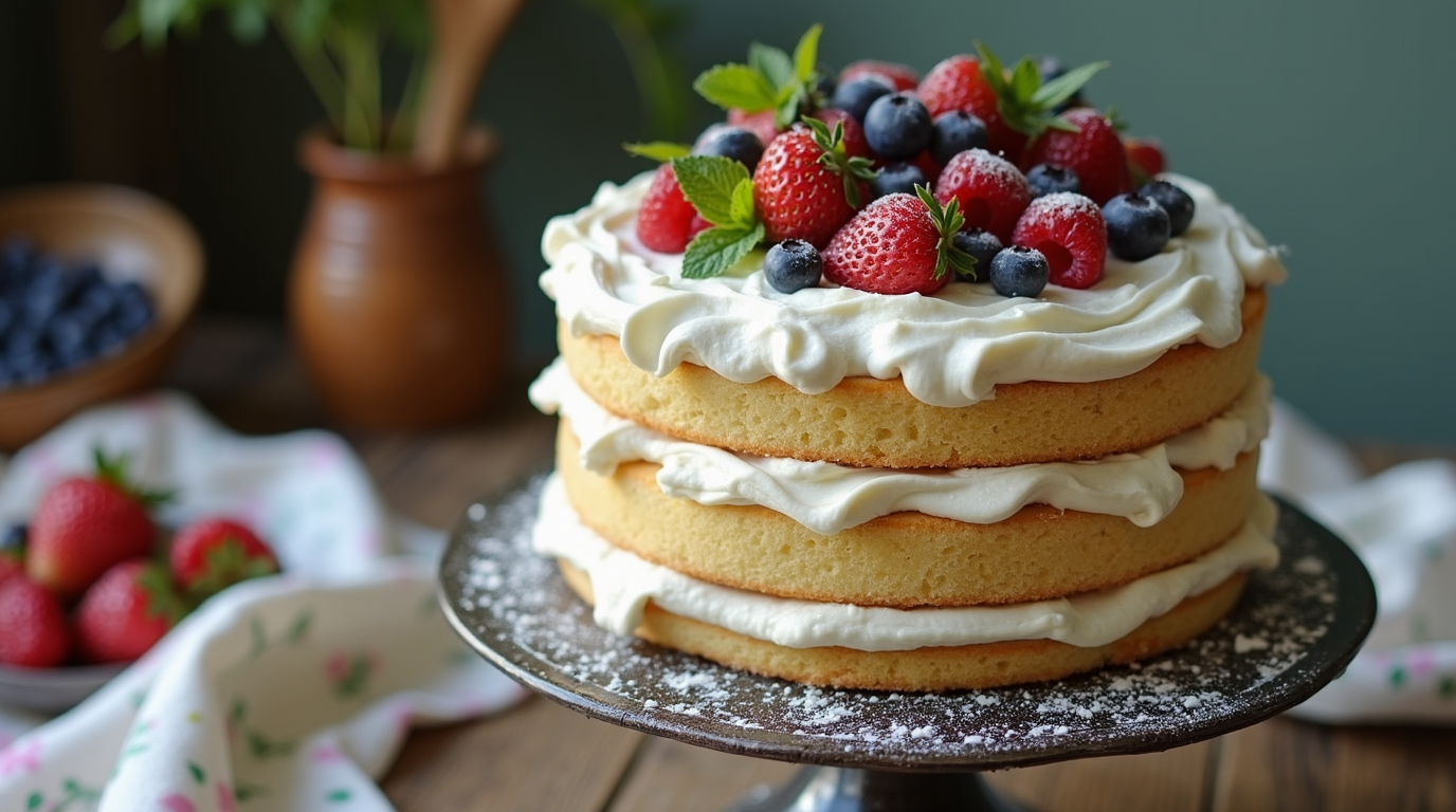 A slice of fluffy Chantilly cake topped with fresh berries and whipped cream on a white plate.