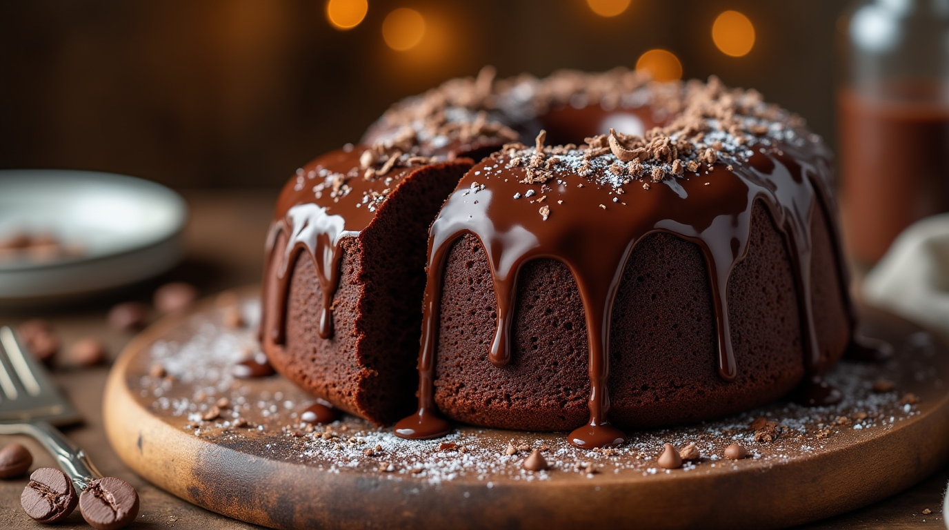 A rich chocolate pound cake drizzled with glossy chocolate glaze and garnished with chocolate shavings, sitting on a wooden table.