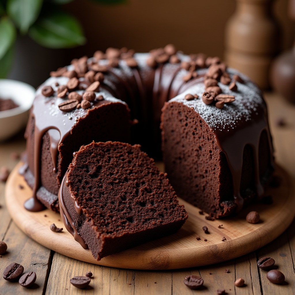 A rich chocolate pound cake with a glossy chocolate glaze, garnished with chocolate shavings and powdered sugar, placed on a wooden table with a cozy kitchen background.