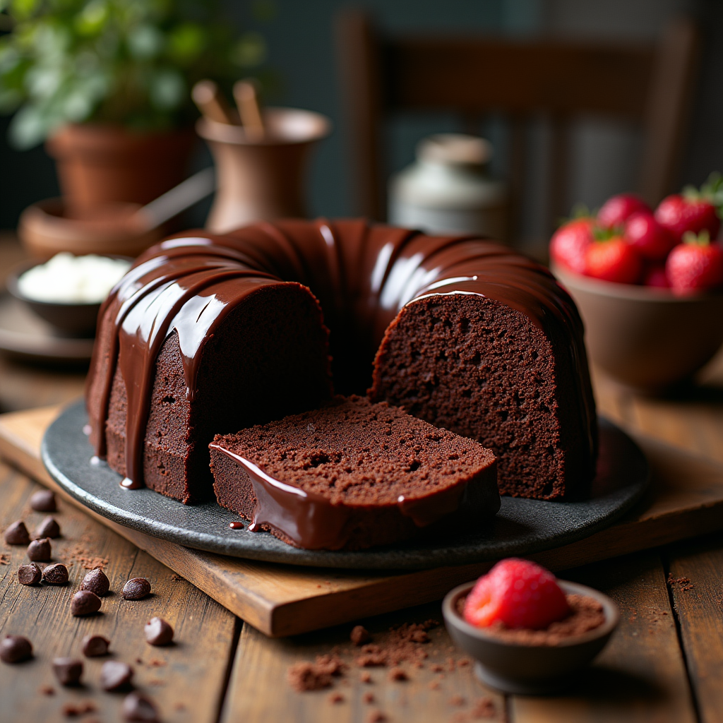 Rich chocolate pound cake with a glossy glaze, garnished with chocolate shavings and powdered sugar, on a wooden table.