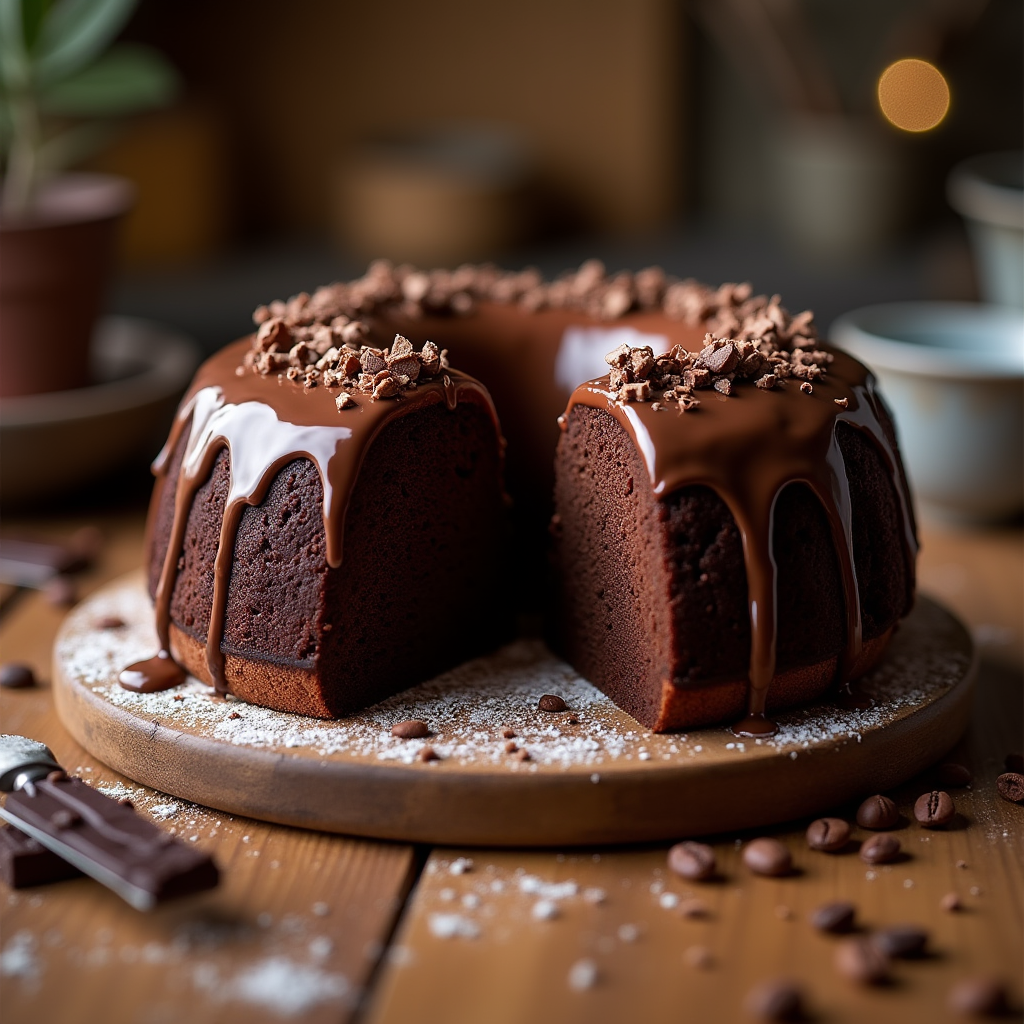 A rich chocolate pound cake with glossy chocolate glaze, garnished with chocolate shavings and powdered sugar, served on a wooden table.