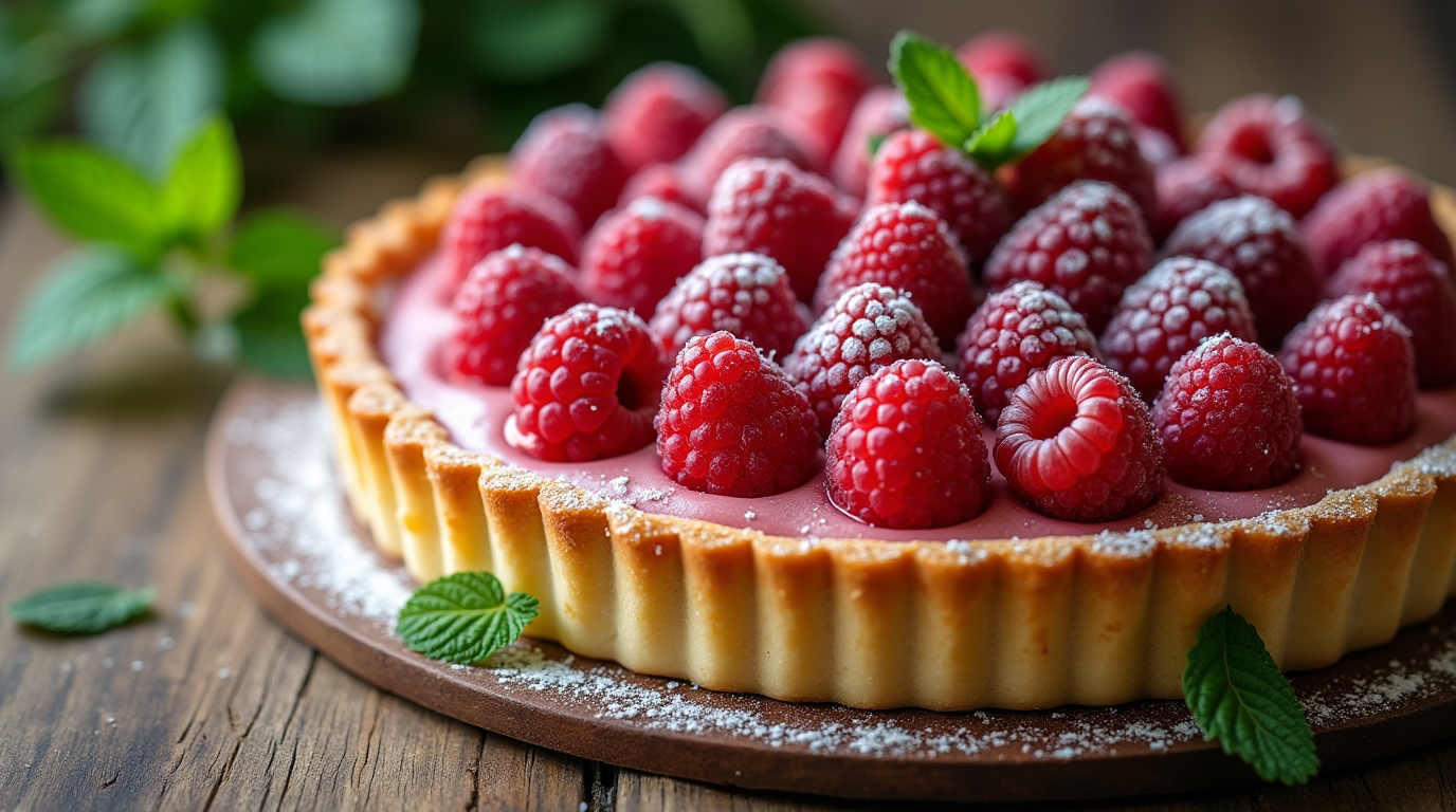 A delicious raspberry tart with a golden crust and fresh raspberries on top.