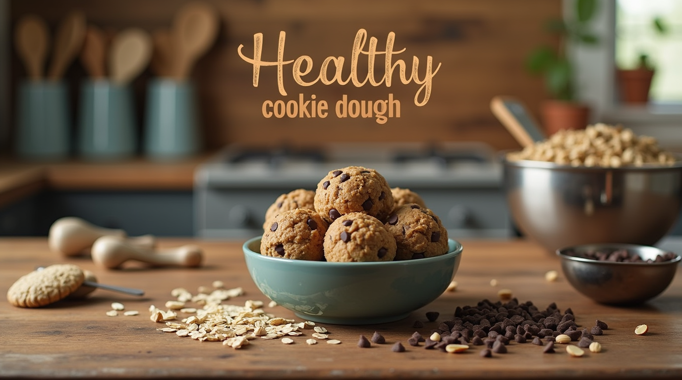 Healthy cookie dough made with almond flour, maple syrup, and coconut oil, with chocolate chips mixed in.