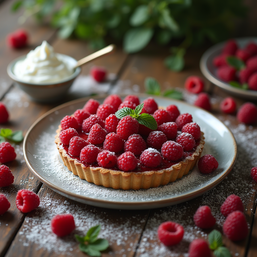 Freshly baked raspberry tart with a golden crust on a rustic wooden table.