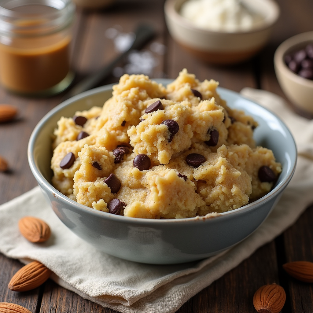 Close-up of healthy cookie dough made with almond flour, maple syrup, and chocolate chips on a wooden table.