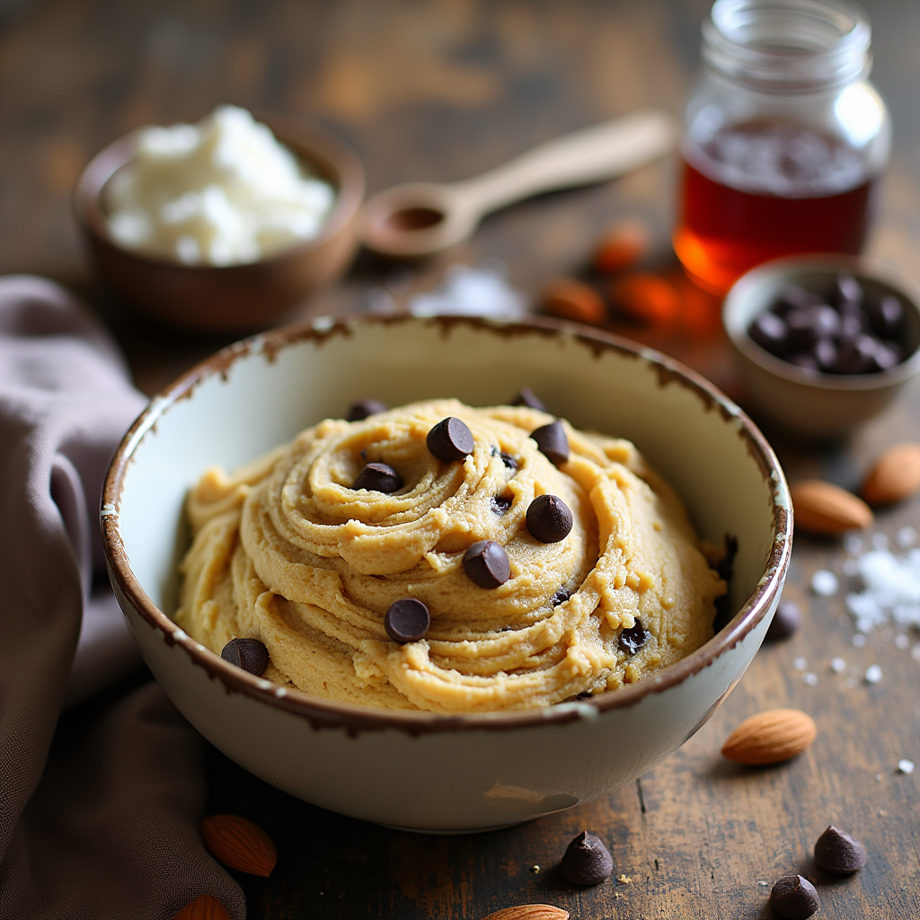 Healthy cookie dough made with almond flour, coconut oil, maple syrup, and chocolate chips on a rustic kitchen countertop