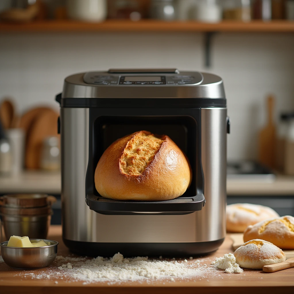 Golden loaf of bread fresh from a bread machine on a wooden kitchen countertop.