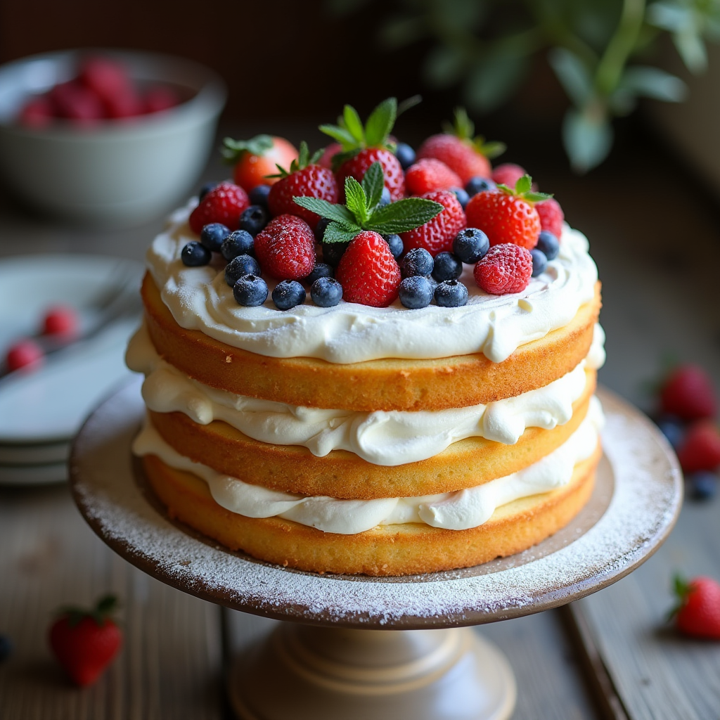 Delicious Chantilly cake with layers of fluffy whipped cream and fresh fruit topping.