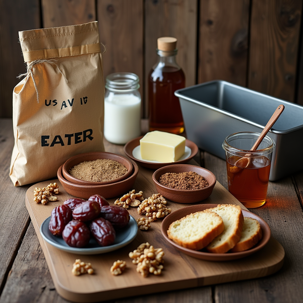 Freshly baked date nut loaf with chopped walnuts and pecans, displayed on a rustic wooden cutting board with a slice removed to show the moist interior.