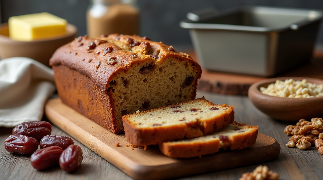 Freshly baked date nut loaf on a wooden cutting board, sliced and ready to serve, with a rustic kitchen background.