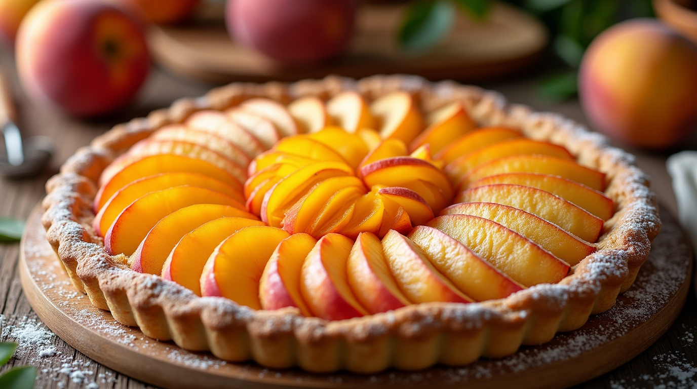 "Golden peach tart with a flaky crust and juicy peach slices arranged in a circular pattern, displayed on a wooden cutting board.