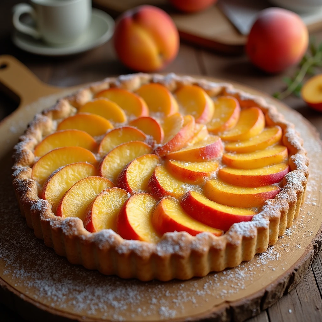 A freshly baked peach tart with golden, flaky crust and juicy peach slices.