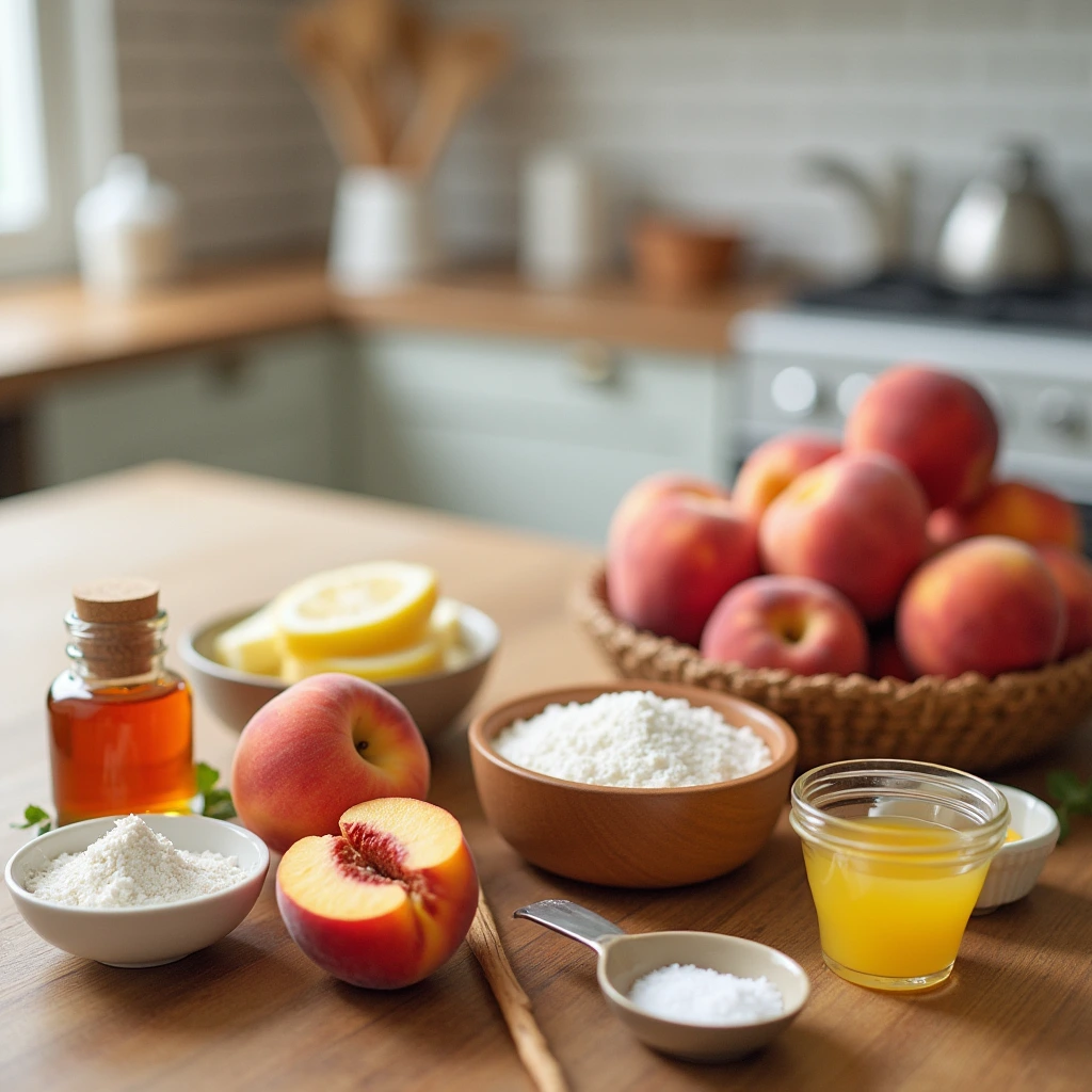 A delicious homemade peach tart with a golden, flaky crust topped with fresh, juicy peach slices.