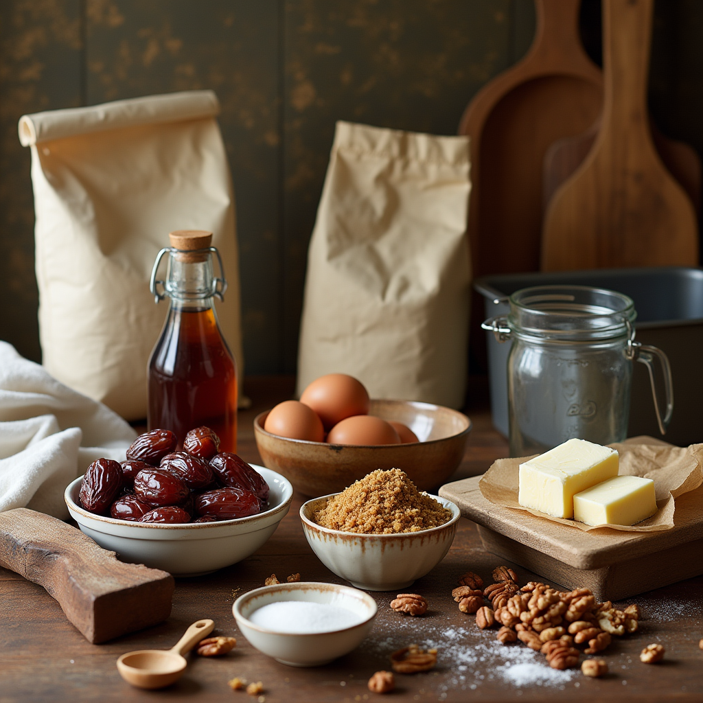 Freshly baked date nut loaf on a wooden cutting board, sliced and ready to serve, with a rustic kitchen background.