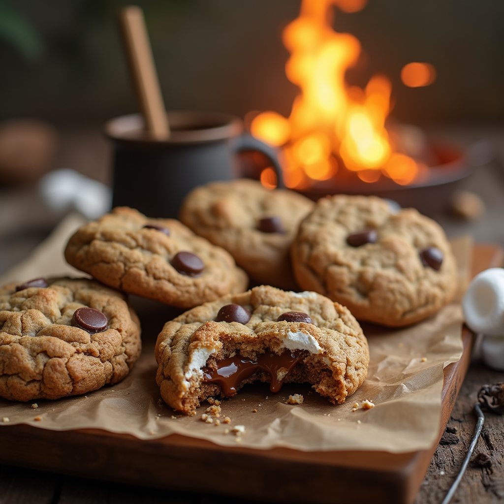 Close-up of warm, gooey s'mores cookies with melted chocolate chunks, toasted marshmallows, and graham cracker crumbles, arranged on a rustic wooden board with a cozy campfire-themed background.