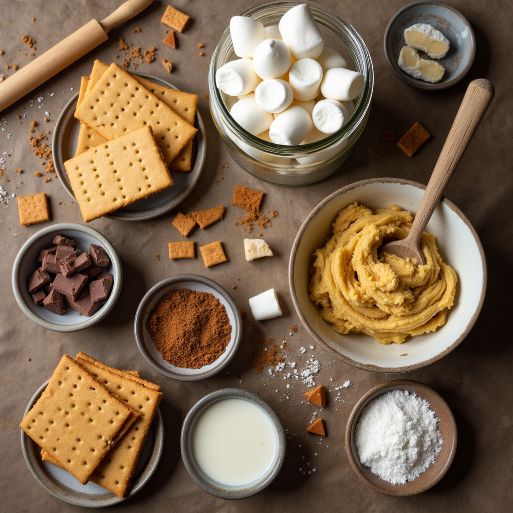 Close-up of freshly baked s'mores cookies with melted chocolate, gooey toasted marshmallows, and graham cracker crumbles, displayed on a rustic wooden board with a cozy campfire theme in the background.