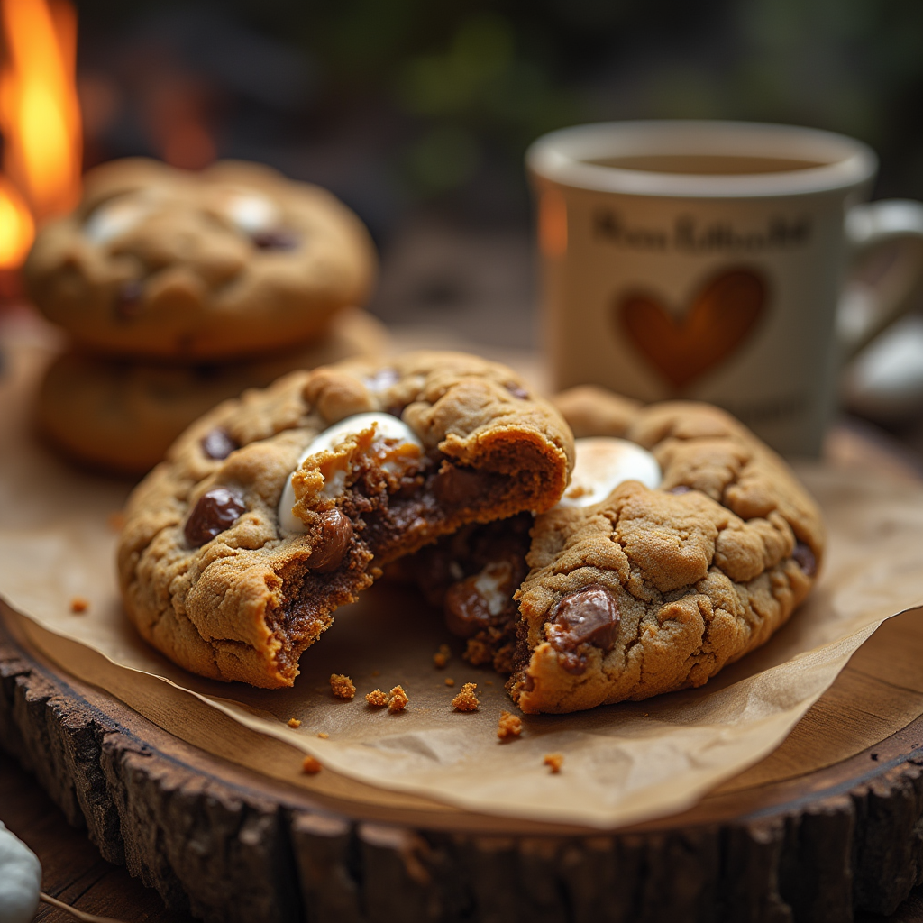 Close-up of freshly baked s'mores cookies with gooey melted chocolate chunks, toasted marshmallows, and graham cracker crumbles on a rustic wooden board.